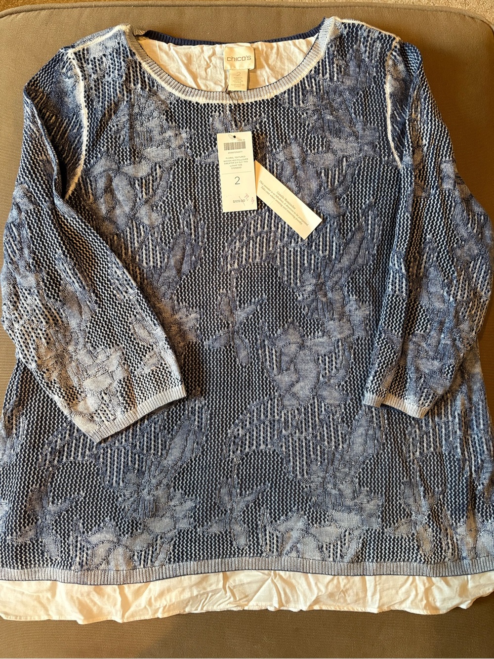 Chico's Blue and White Textured Floral Knit Pullover
